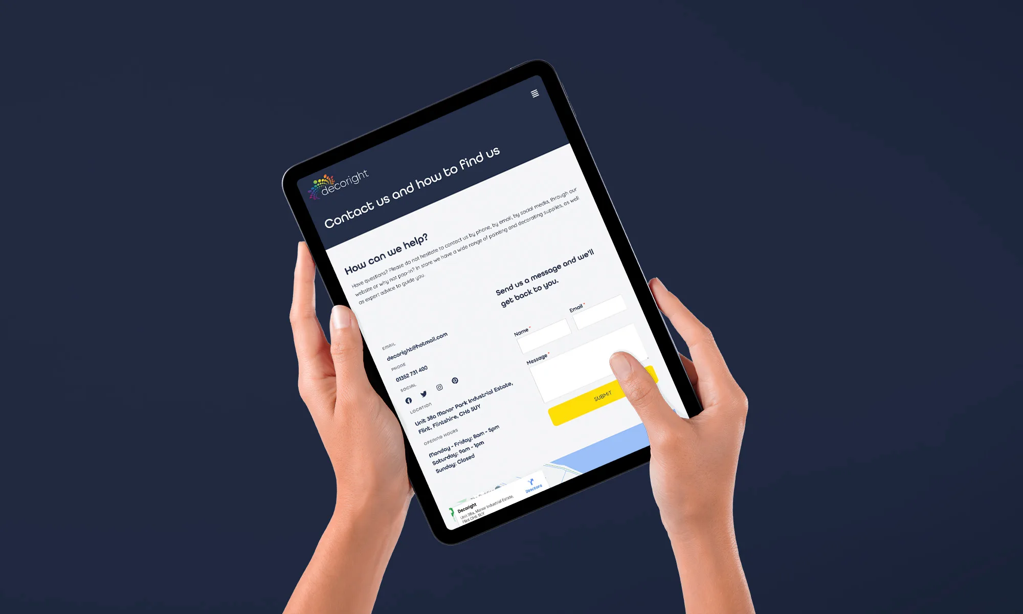 Decoright contact page rendered on an iPad