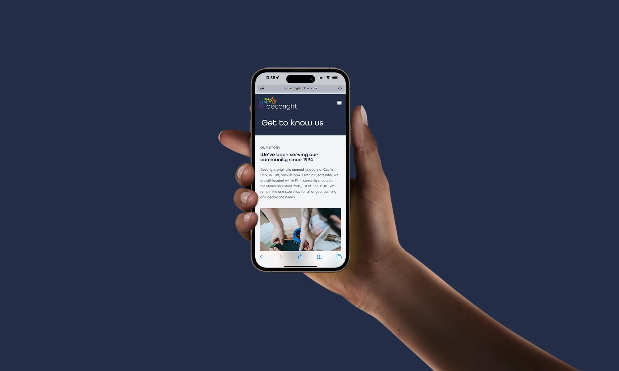 Decoright about page rendered on an iPhone